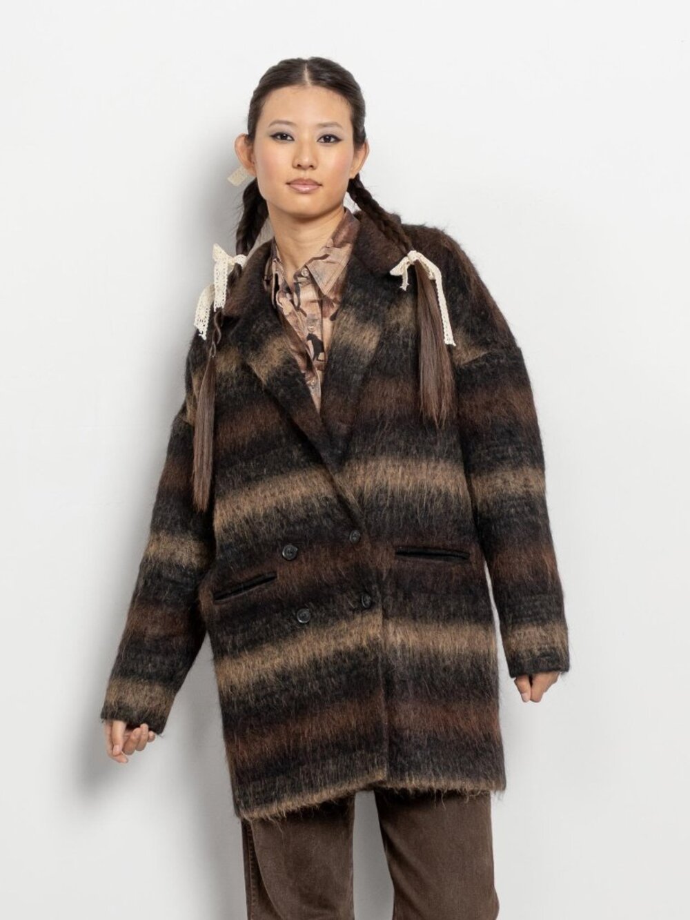 MOHAIR JACKET TRENCH Vintage Stripes Fuzzy Coat / Medium Soia & Kyo